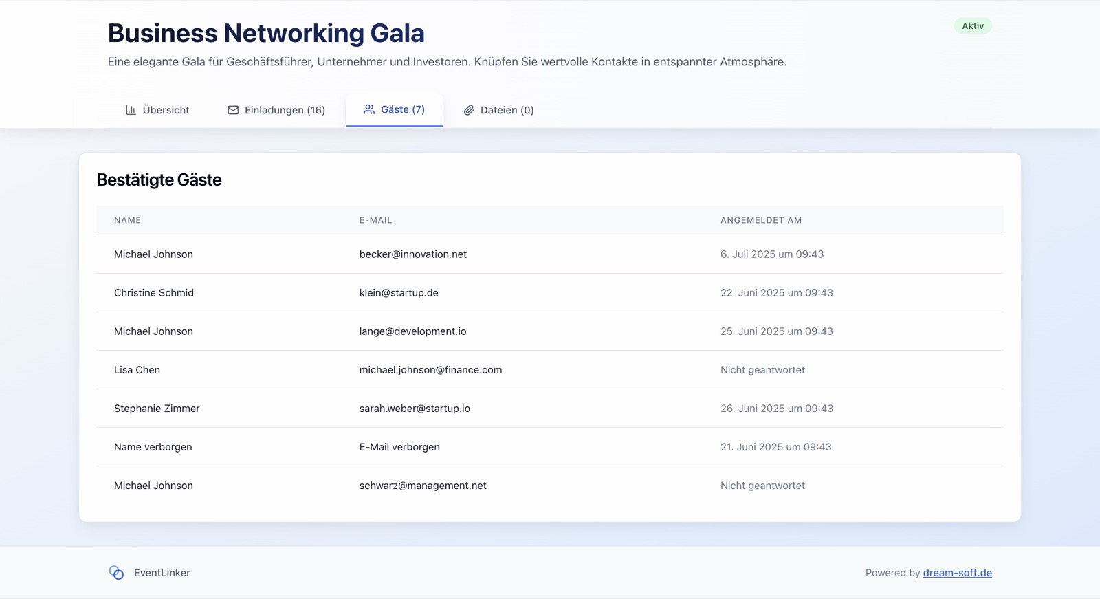Gästeliste eines Firmenevents mit Zusagen und Antwortstatus in EventLinker