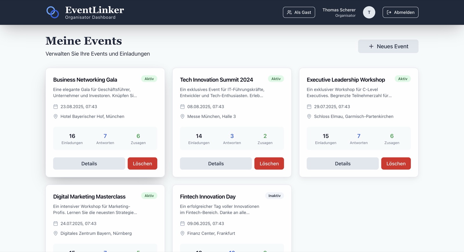Übersicht mehrerer Business Events im EventLinker Organisator-Dashboard